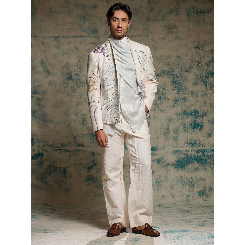 Jatin Malik Apricot Ivory Hand Painted Blazer with Shirt and Trouser