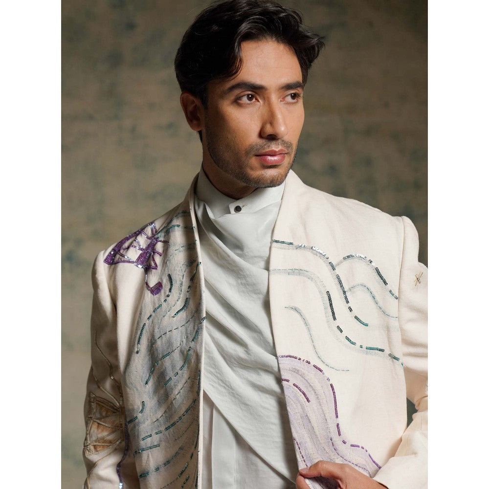 Jatin Malik Apricot Ivory Hand Painted Blazer with Shirt and Trouser