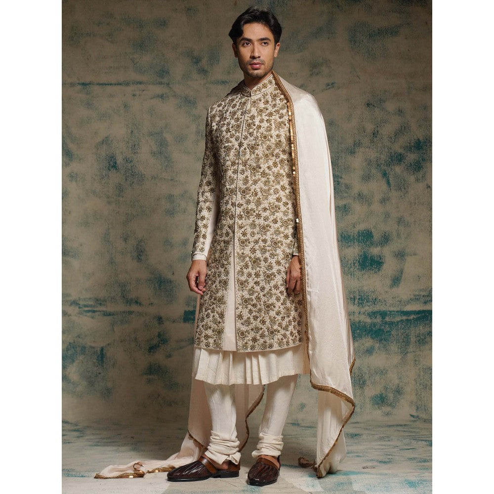 Jatin Malik Cream Apricot Ivory Silk Embroidered Zari Sherwani with Churidar and Dupatta