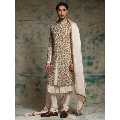 Jatin Malik Cream Apricot Ivory Silk Embroidered Zari Sherwani with Churidar and Dupatta