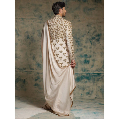 Jatin Malik Cream Apricot Ivory Silk Embroidered Zari Sherwani with Churidar and Dupatta