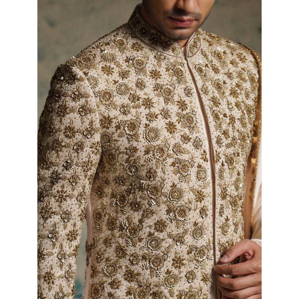 Jatin Malik Cream Apricot Ivory Silk Embroidered Zari Sherwani with Churidar and Dupatta