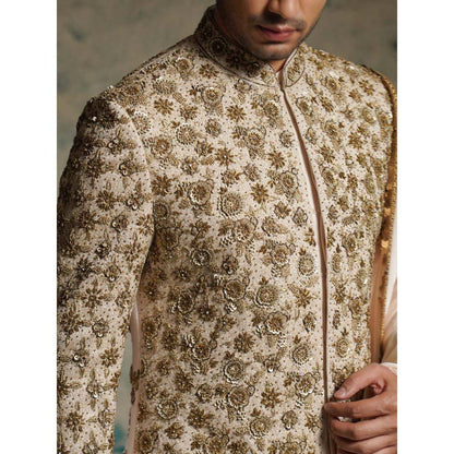 Jatin Malik Cream Apricot Ivory Silk Embroidered Zari Sherwani with Churidar and Dupatta