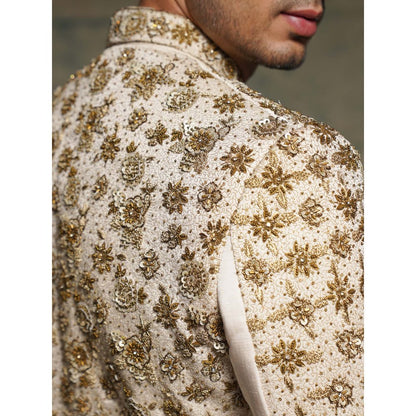 Jatin Malik Cream Apricot Ivory Silk Embroidered Zari Sherwani with Churidar and Dupatta