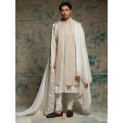 Jatin Malik Ivory Embroidered Pearl Open Sherwani with Kurta and Churidar and Dupatta