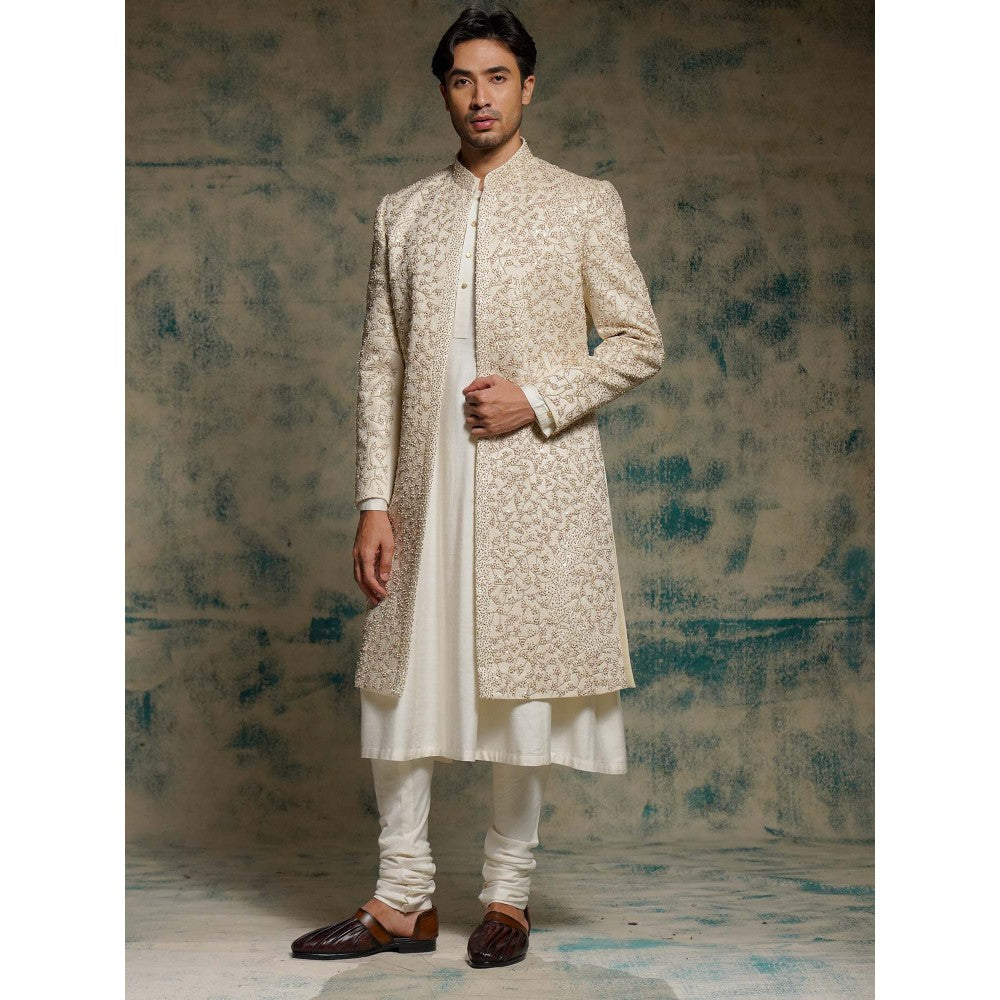 Jatin Malik Ivory Embroidered Pearl Open Sherwani with Kurta and Churidar and Dupatta