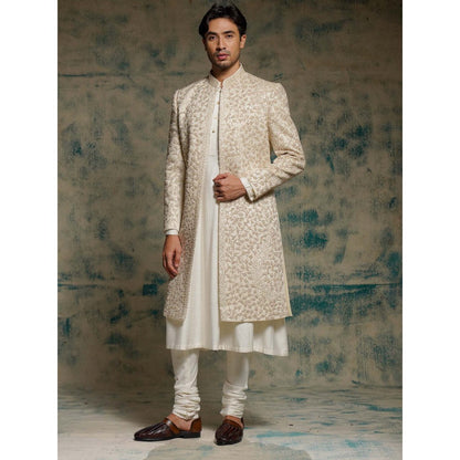 Jatin Malik Ivory Embroidered Pearl Open Sherwani with Kurta and Churidar and Dupatta