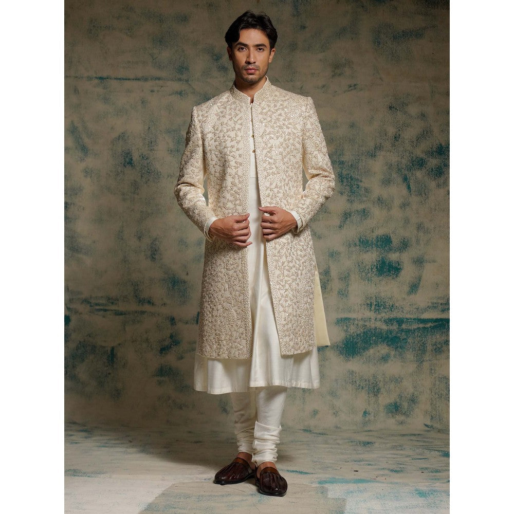 Jatin Malik Ivory Embroidered Pearl Open Sherwani with Kurta and Churidar and Dupatta