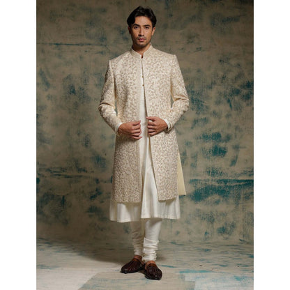 Jatin Malik Ivory Embroidered Pearl Open Sherwani with Kurta and Churidar and Dupatta