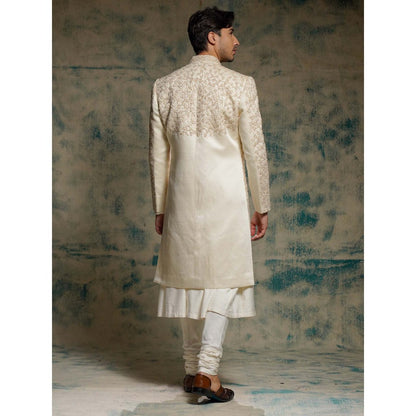 Jatin Malik Ivory Embroidered Pearl Open Sherwani with Kurta and Churidar and Dupatta
