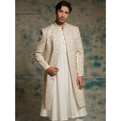 Jatin Malik Ivory Embroidered Pearl Open Sherwani with Kurta and Churidar and Dupatta
