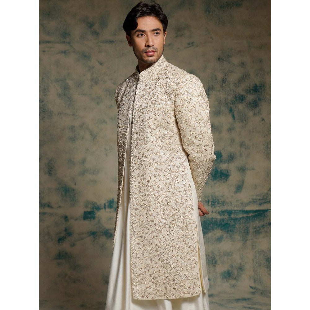 Jatin Malik Ivory Embroidered Pearl Open Sherwani with Kurta and Churidar and Dupatta