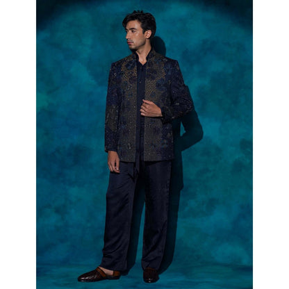 Jatin Malik Midnight Blue Hand Embroidered Short Jacket with Shirt and Trouser