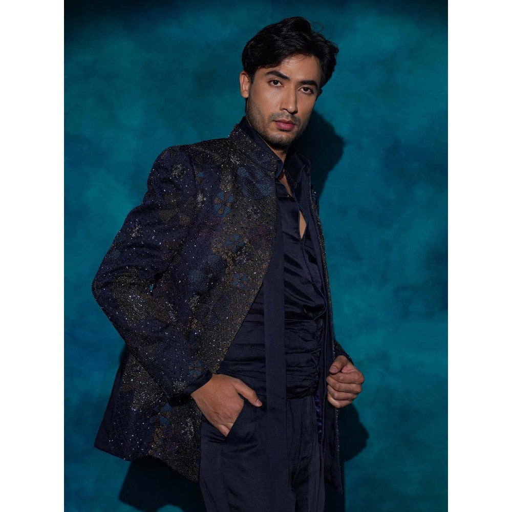 Jatin Malik Midnight Blue Hand Embroidered Short Jacket with Shirt and Trouser