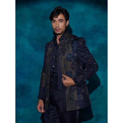 Jatin Malik Midnight Blue Hand Embroidered Short Jacket with Shirt and Trouser