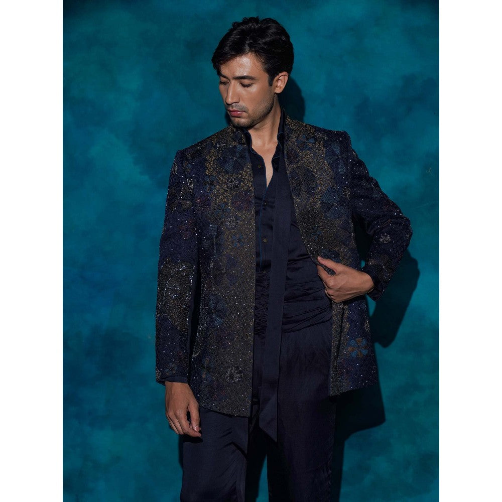 Jatin Malik Midnight Blue Hand Embroidered Short Jacket with Shirt and Trouser