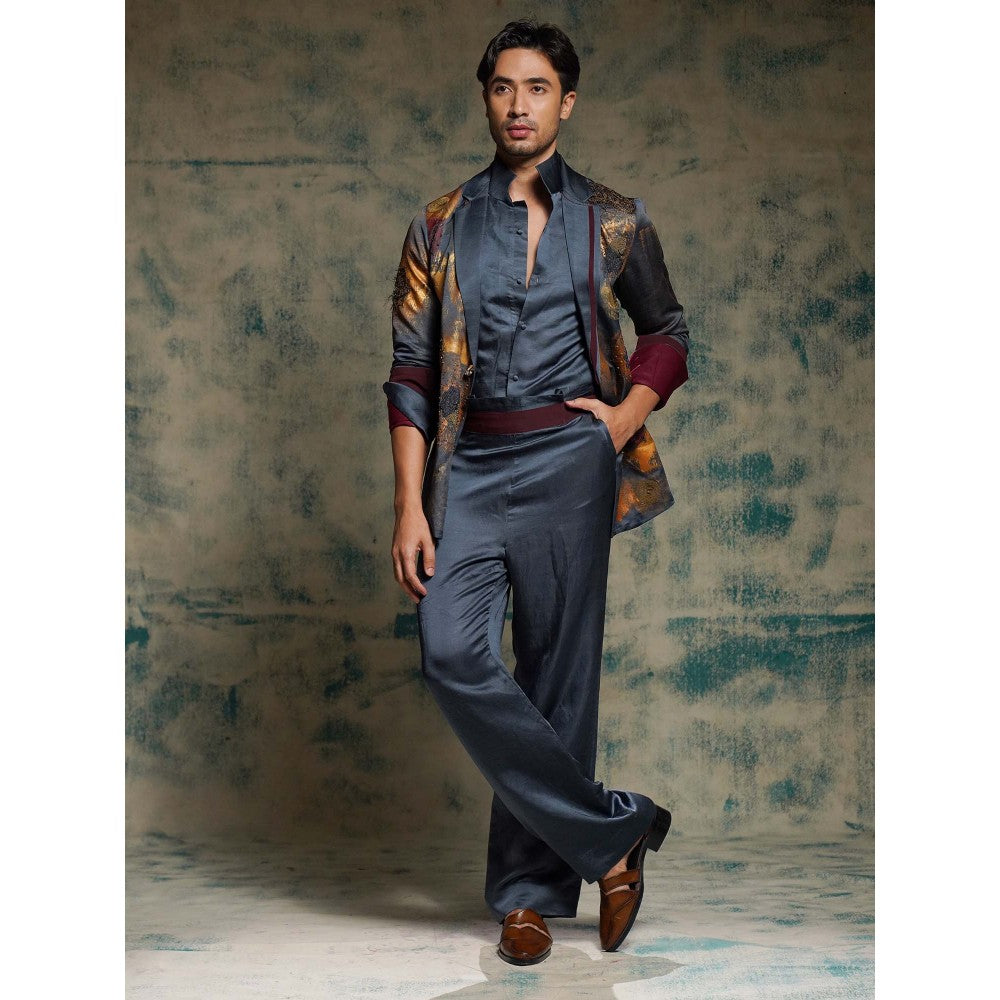 Jatin Malik Blue Hand Painted Concept Blazer with Shirt Trouser