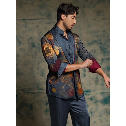Jatin Malik Blue Hand Painted Concept Blazer with Shirt Trouser