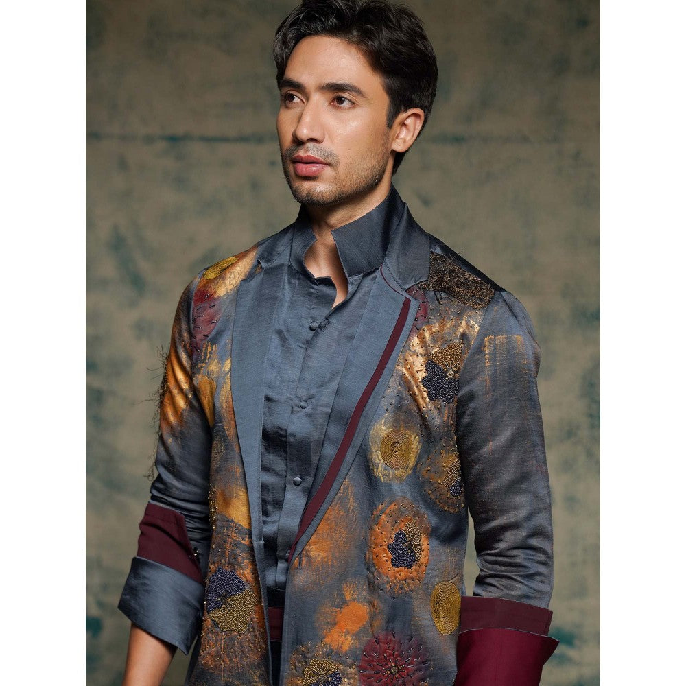 Jatin Malik Blue Hand Painted Concept Blazer with Shirt Trouser