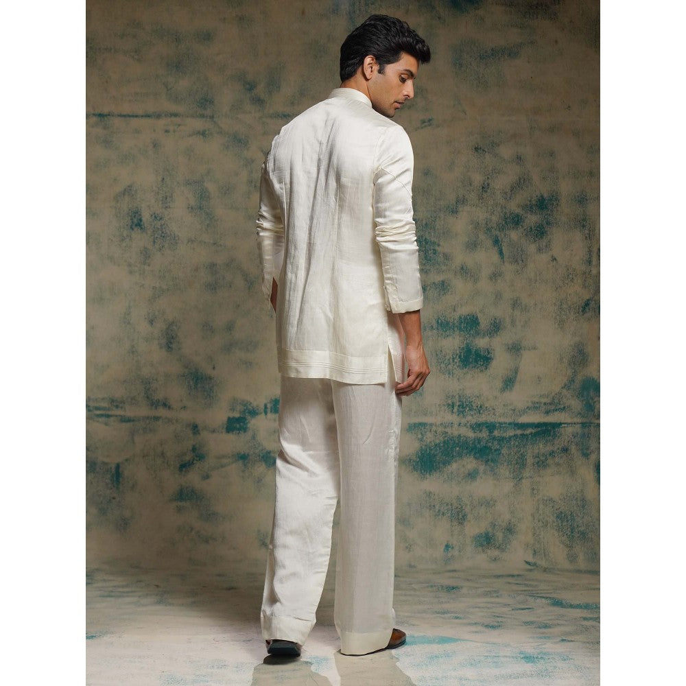 Jatin Malik Ivory Hand Embroidered Sequins Short Jacket with Kurta and Trouser