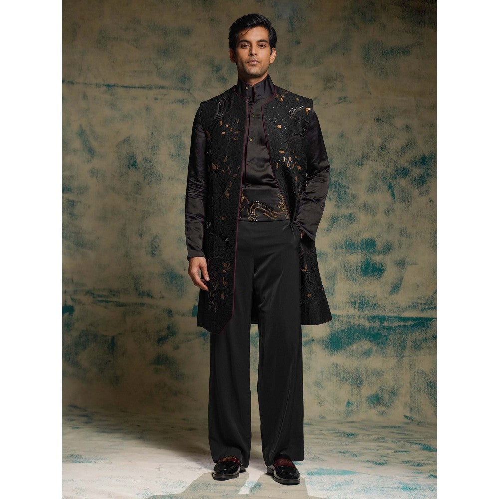 Jatin Malik Black Hand Embroidered Jacket with Shirt, Trouser and Belt