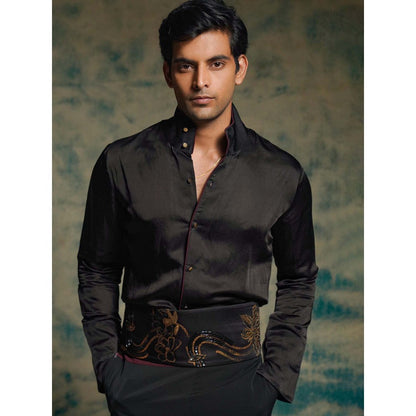 Jatin Malik Black Hand Embroidered Jacket with Shirt, Trouser and Belt