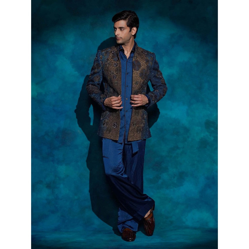 Jatin Malik Teal Hand Embroidered Short Jacket with Kurta and Trouser