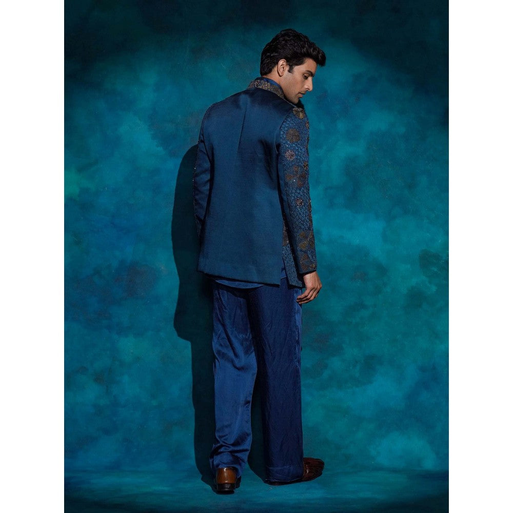 Jatin Malik Teal Hand Embroidered Short Jacket with Kurta and Trouser