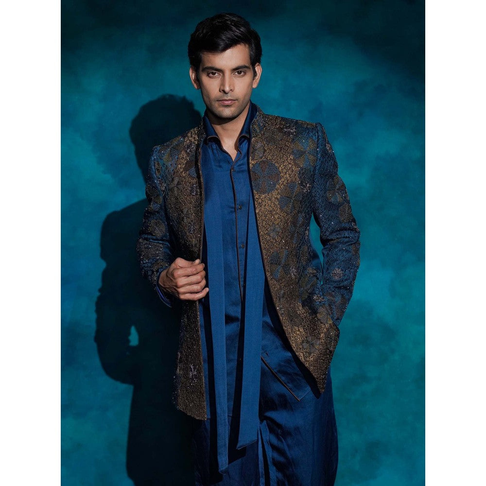 Jatin Malik Teal Hand Embroidered Short Jacket with Kurta and Trouser
