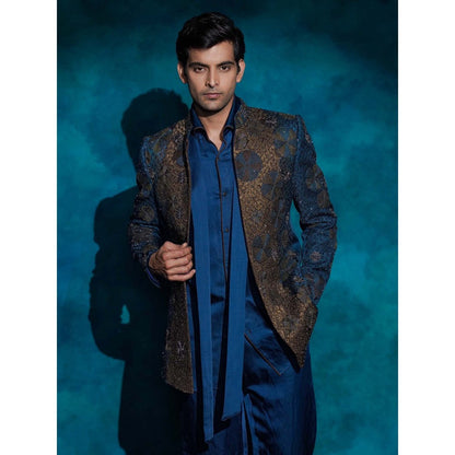 Jatin Malik Teal Hand Embroidered Short Jacket with Kurta and Trouser