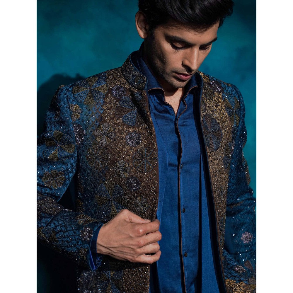 Jatin Malik Teal Hand Embroidered Short Jacket with Kurta and Trouser
