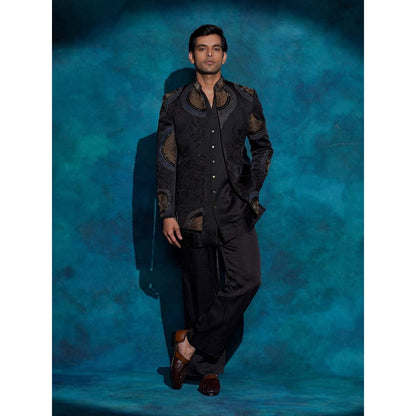 Jatin Malik Black Hand Embroidered Open Bandhgala with Kurta and Trouser