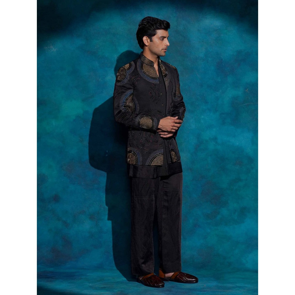 Jatin Malik Black Hand Embroidered Open Bandhgala with Kurta and Trouser