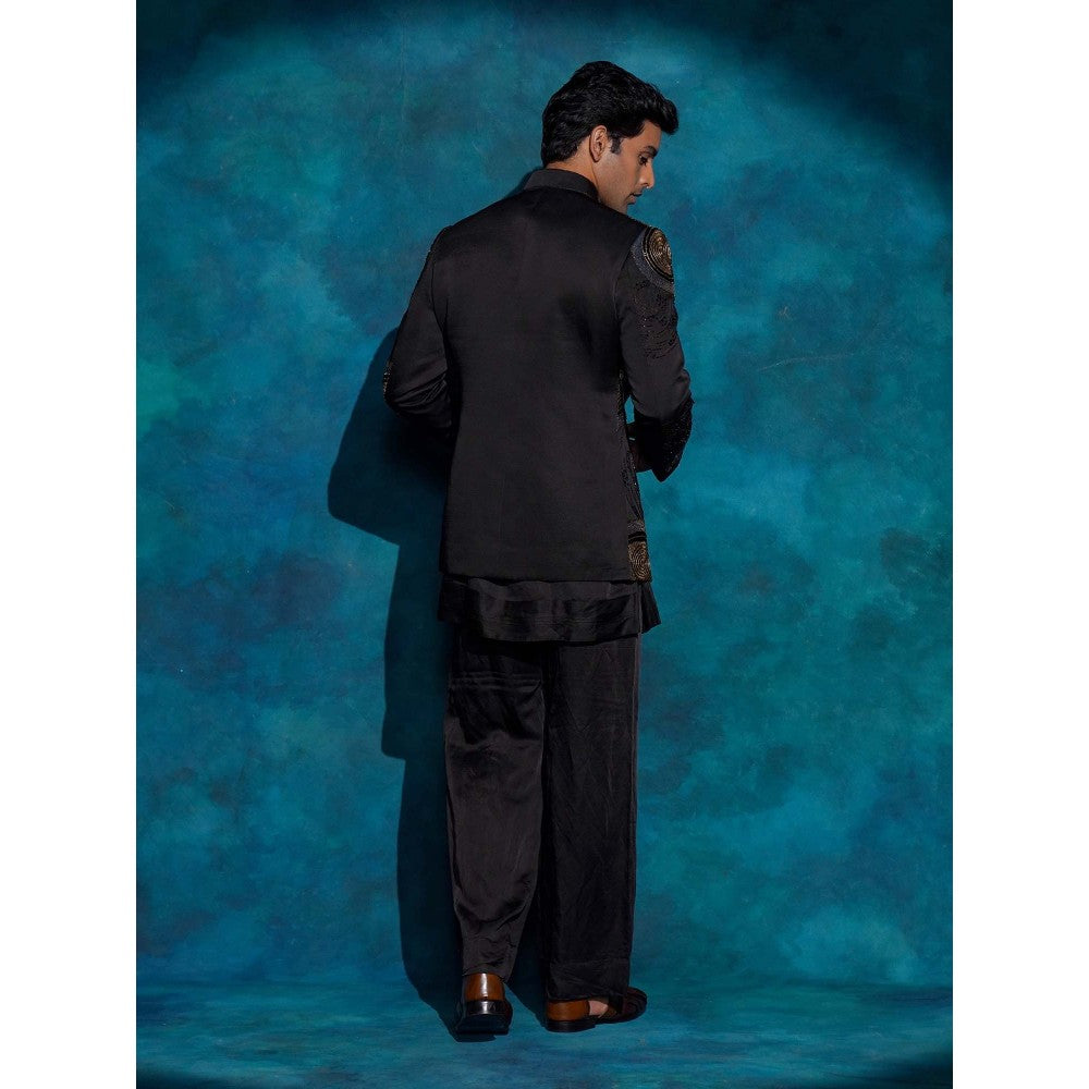 Jatin Malik Black Hand Embroidered Open Bandhgala with Kurta and Trouser