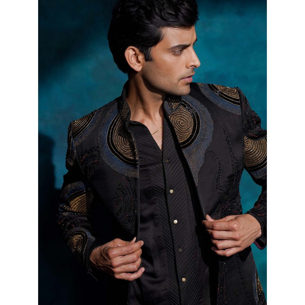 Jatin Malik Black Hand Embroidered Open Bandhgala with Kurta and Trouser