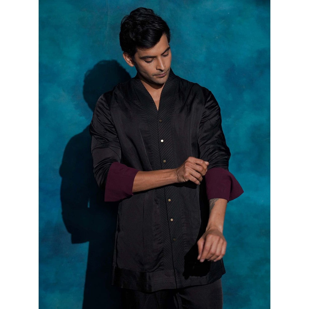 Jatin Malik Black Hand Embroidered Open Bandhgala with Kurta and Trouser