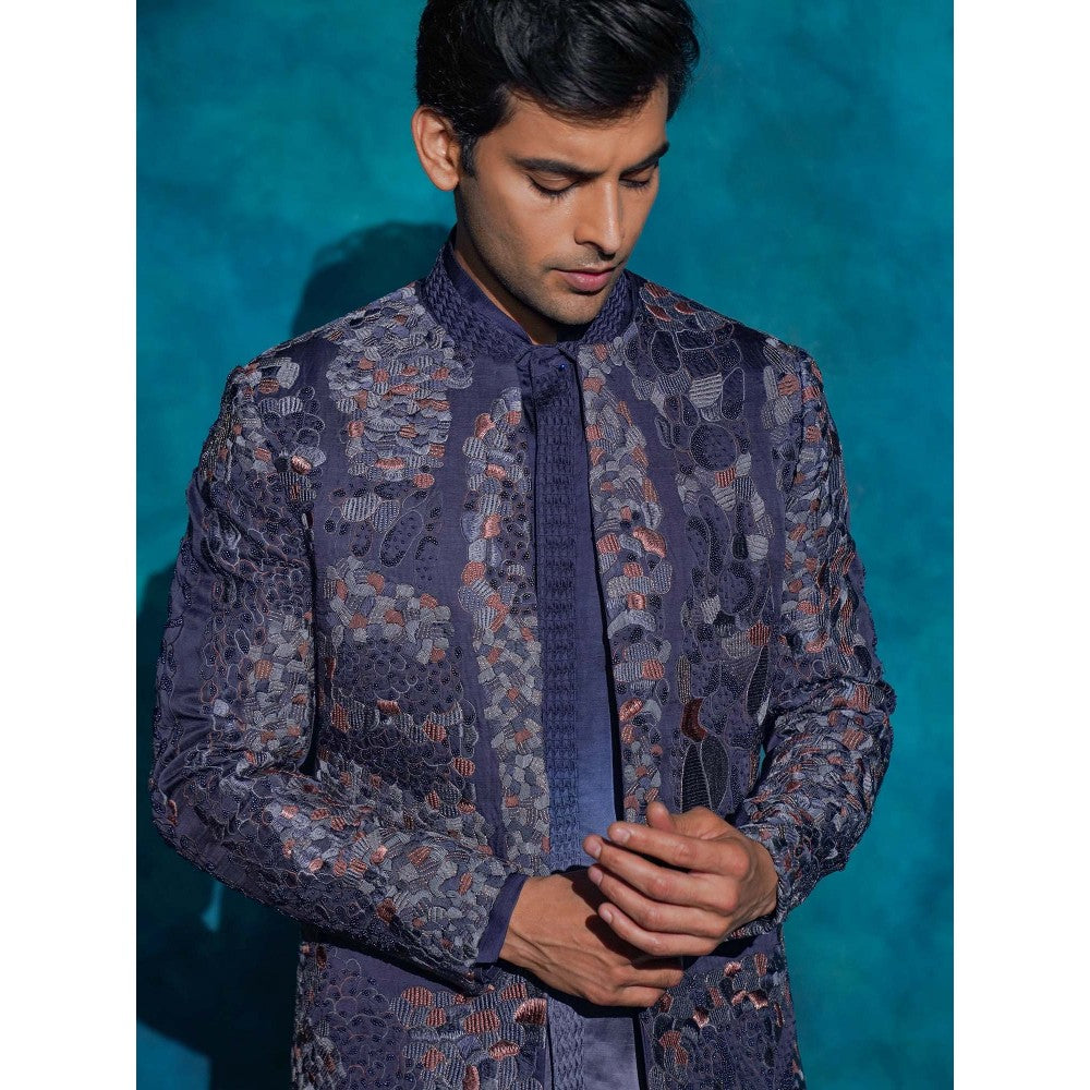 Jatin Malik Oceanic Purple Hand Embroidered Short Jacket with Kurta and Trouser
