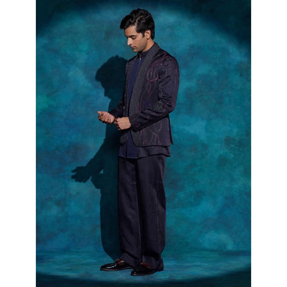 Jatin Malik Midnight Blue Hand Embroidered Concept Blazer with Kurta and Trouser