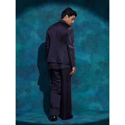Jatin Malik Midnight Blue Hand Embroidered Concept Blazer with Kurta and Trouser