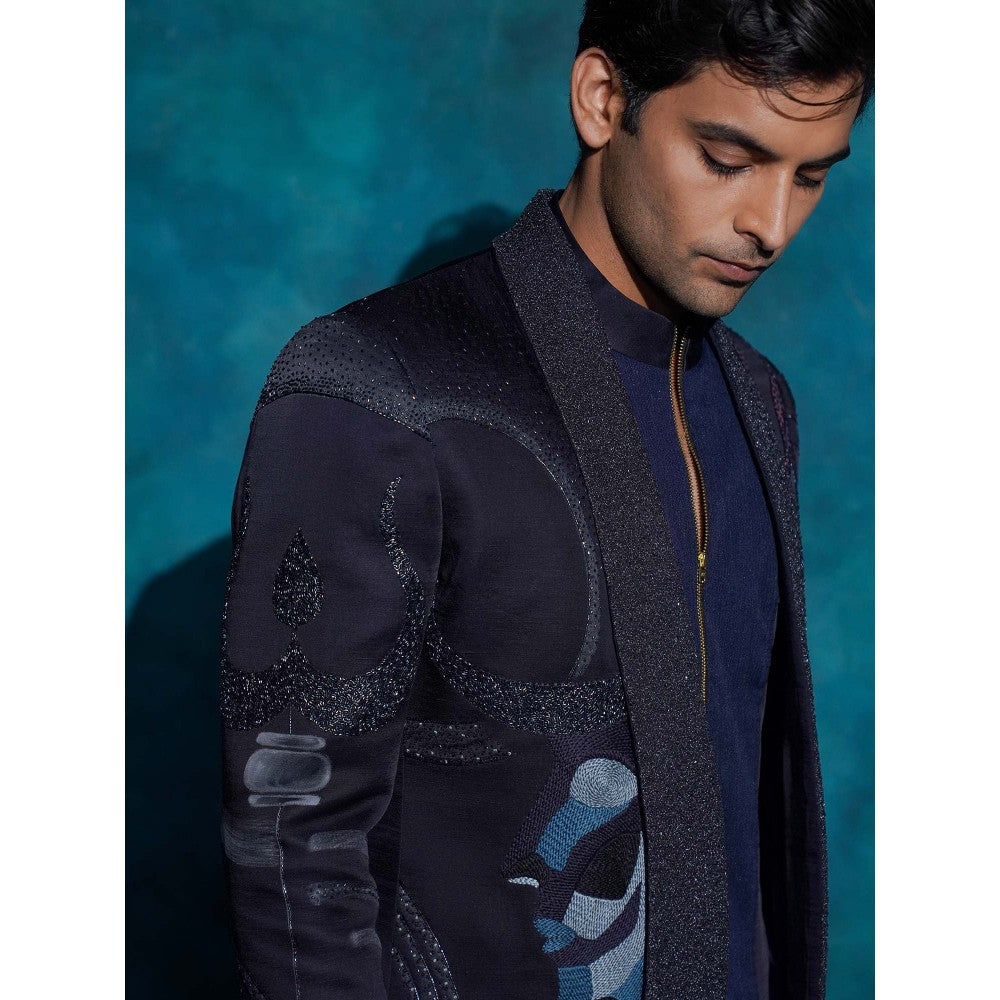 Jatin Malik Midnight Blue Hand Embroidered Concept Blazer with Kurta and Trouser