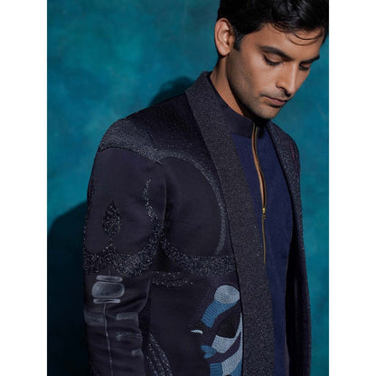 Jatin Malik Midnight Blue Hand Embroidered Concept Blazer with Kurta and Trouser
