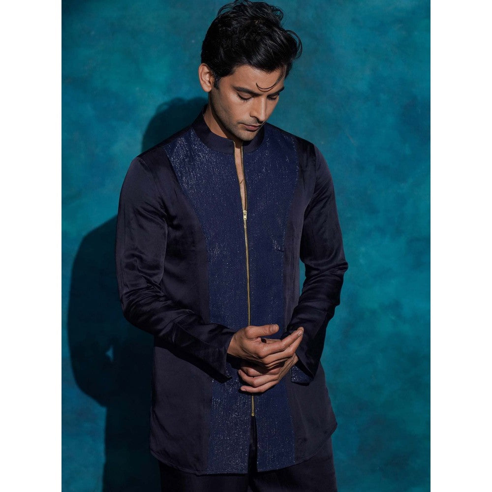 Jatin Malik Midnight Blue Hand Embroidered Concept Blazer with Kurta and Trouser