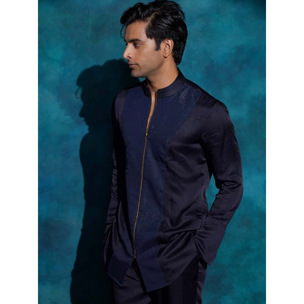 Jatin Malik Midnight Blue Hand Embroidered Concept Blazer with Kurta and Trouser
