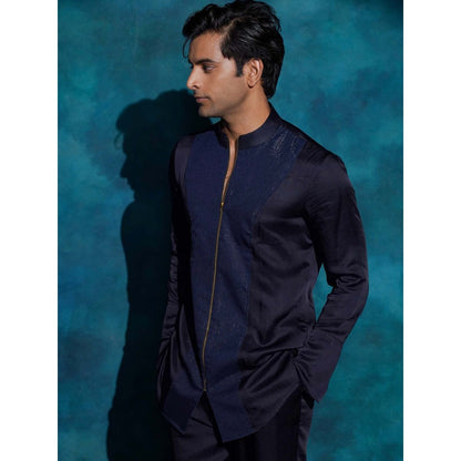 Jatin Malik Midnight Blue Hand Embroidered Concept Blazer with Kurta and Trouser