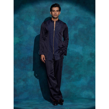 Jatin Malik Midnight Blue Hand Embroidered Concept Blazer with Kurta and Trouser