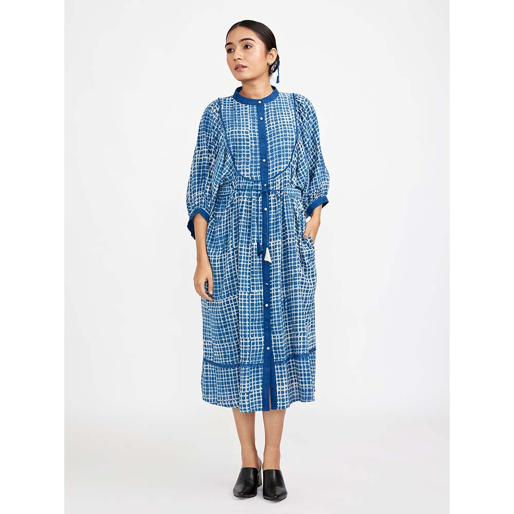 JAYATI GOENKA Blue Block Printed Checkered Midi Dress (Set of 2)