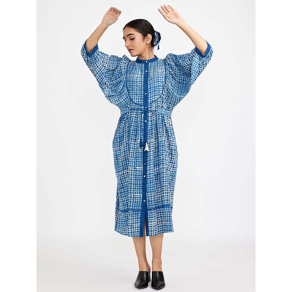 JAYATI GOENKA Blue Block Printed Checkered Midi Dress (Set of 2)
