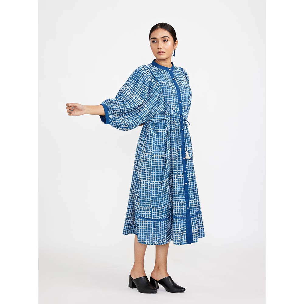 JAYATI GOENKA Blue Block Printed Checkered Midi Dress (Set of 2)