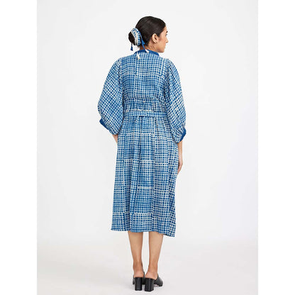 JAYATI GOENKA Blue Block Printed Checkered Midi Dress (Set of 2)