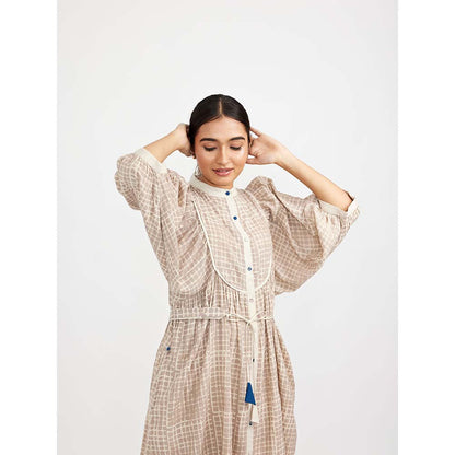 JAYATI GOENKA Beige Block Printed Checkered Midi Dress (Set of 2)